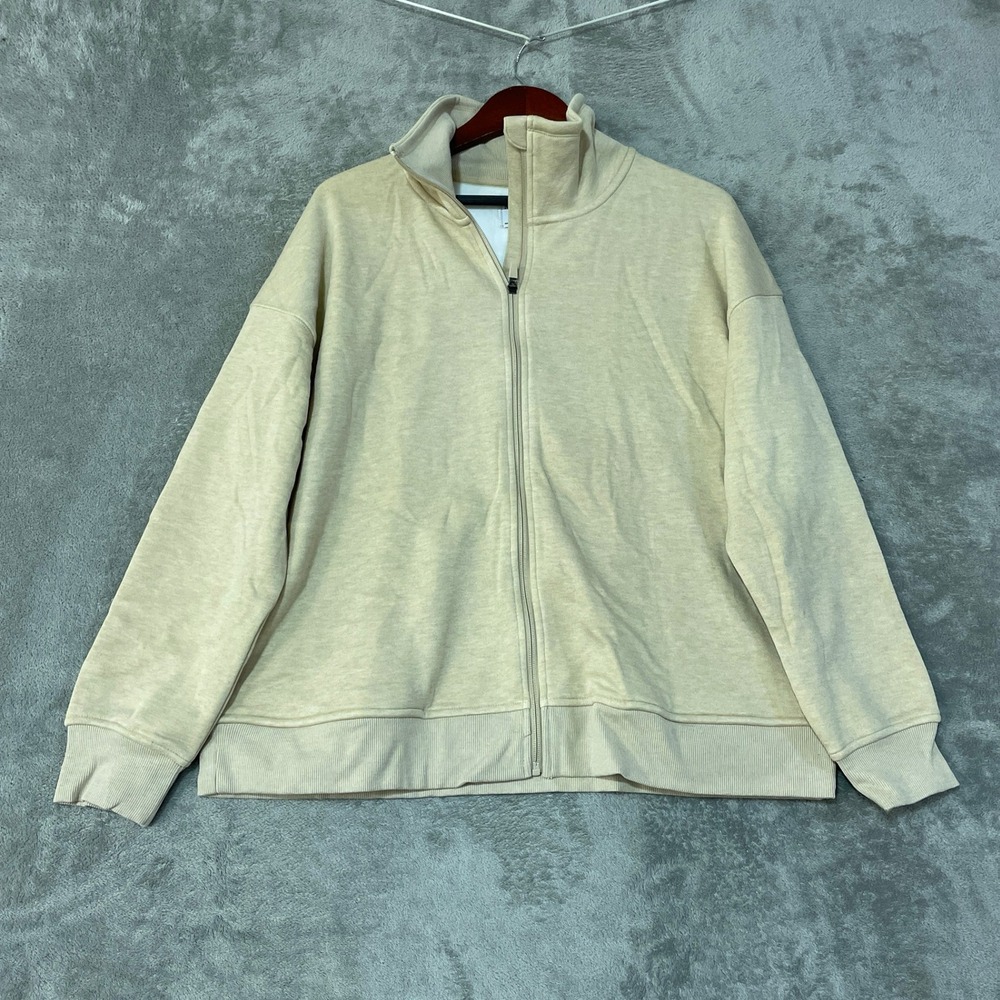NWT Mondetta Women's XL Heathered Full Zip Fleece Lined Sweatshirt Tan Beige